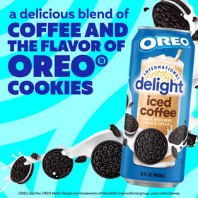 International Delight Oreo Cookie iced coffee being poured for a smooth taste.