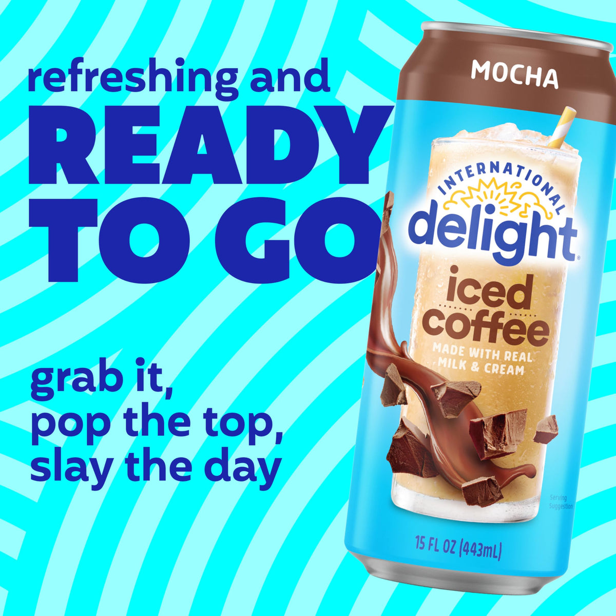 Fridge display of International Delight Mocha Iced Coffee for quick morning pick-me-up.