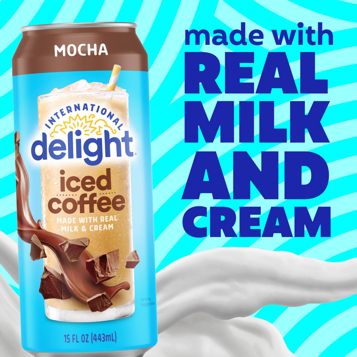 Glass with foam of International Delight Mocha Iced Coffee showcases creamy texture.