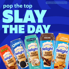 Label closeup on International Delight Mocha Iced Coffee highlighting real ingredients.