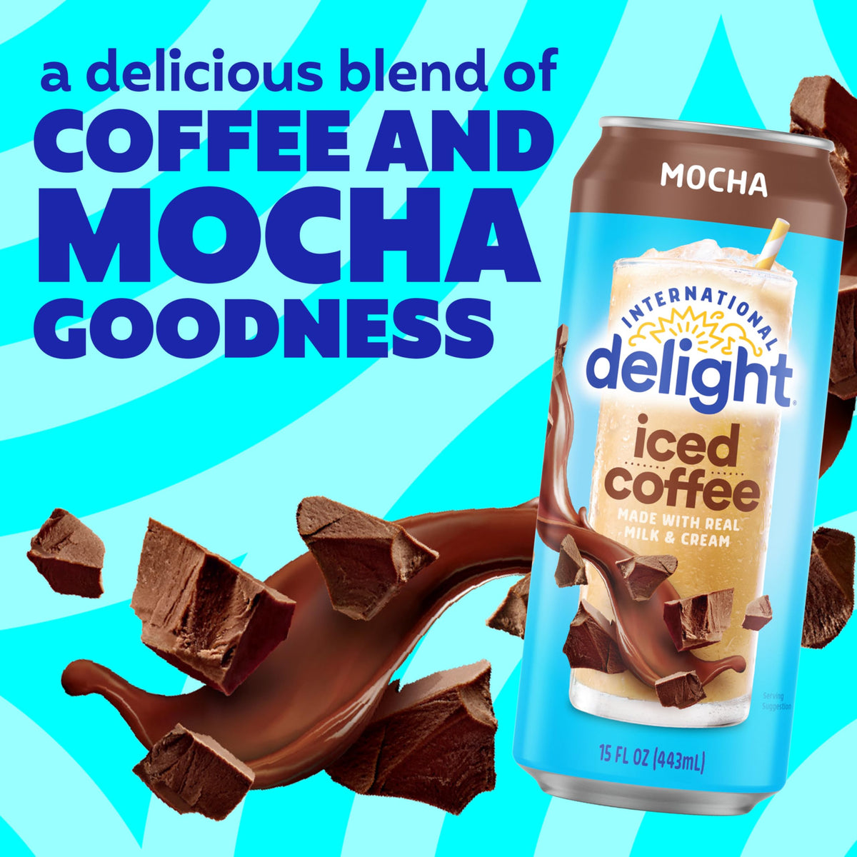 International Delight Mocha Iced Coffee side view can emphasizes compact 15oz size for travel.