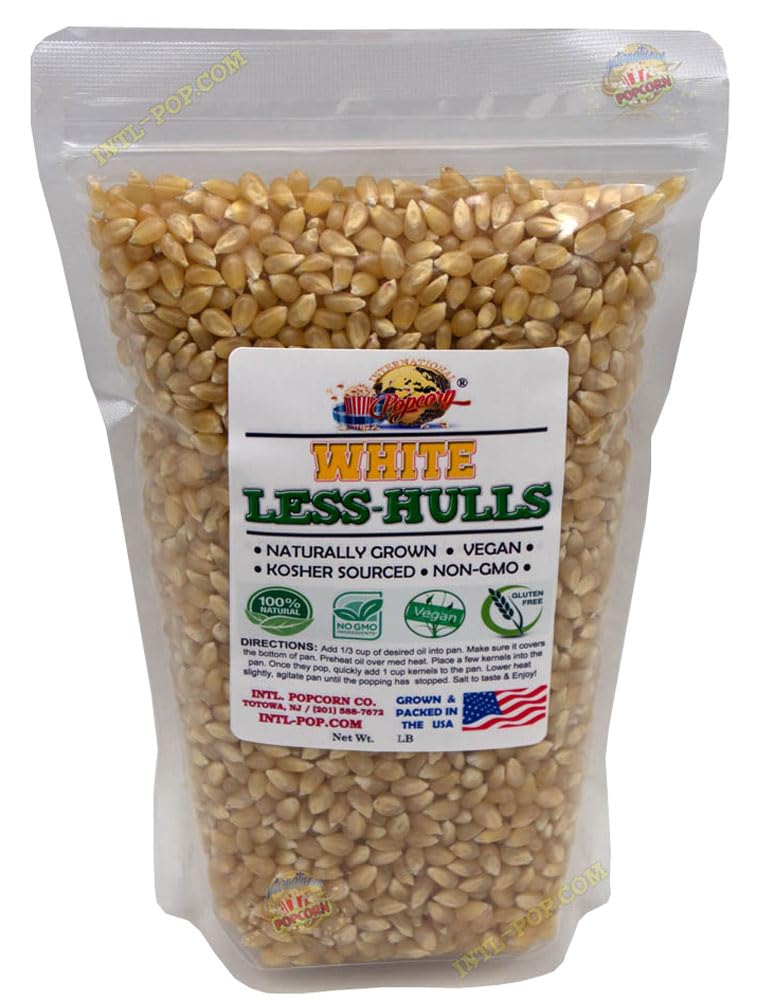 International Popcorn white hulless bag close-up, showcasing hull-free snacking.