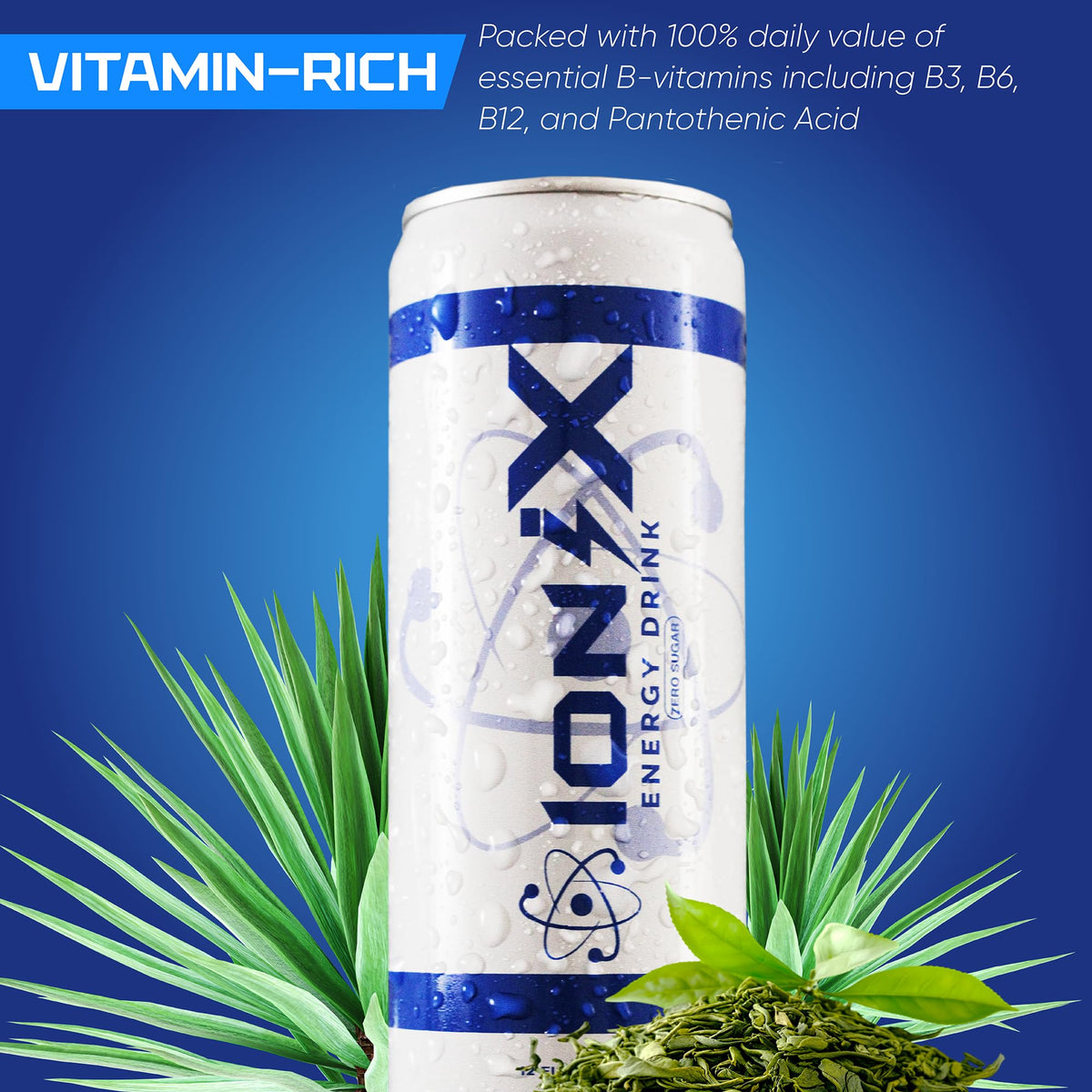 Ionix Zero Sugar Energy glass with can conveys a refreshing lift