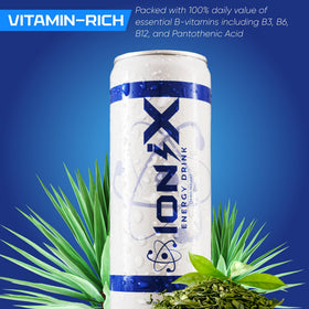 Ionix Zero Sugar Energy glass with can conveys a refreshing lift