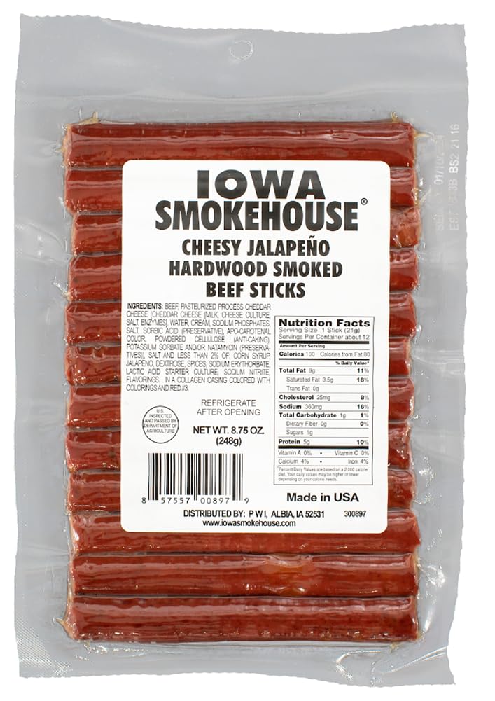 Iowa Smokehouse Cheesy Jalapeno Beef Sticks package showing hickory smoke flavor.