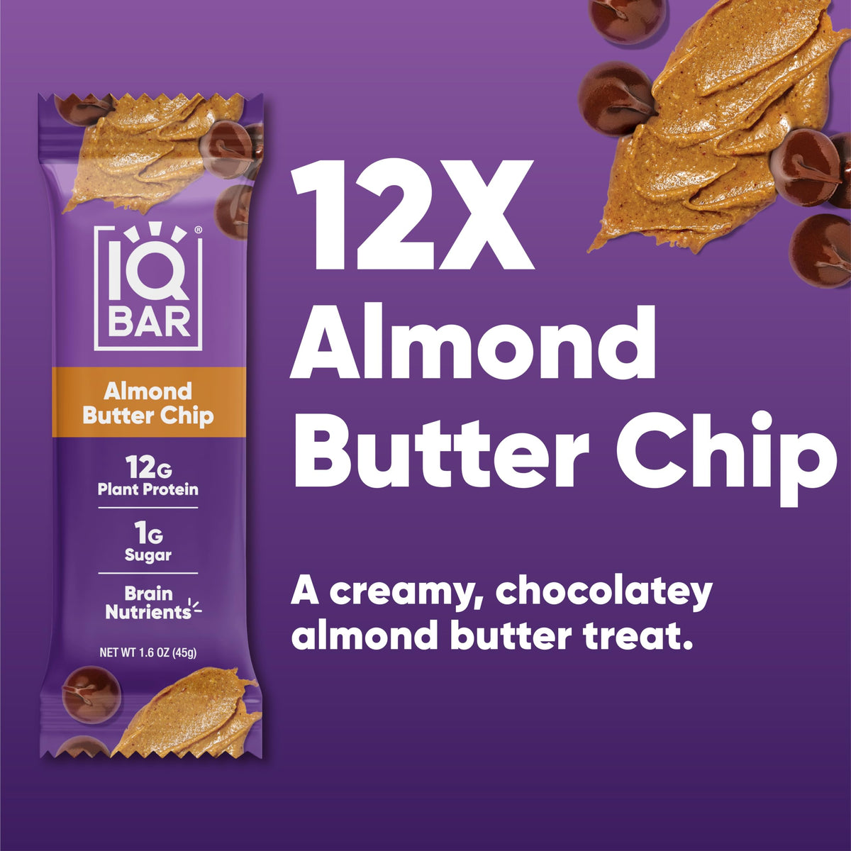 IQBAR almond butter chip bar angled view highlights texture and bite.