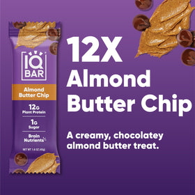 IQBAR almond butter chip bar angled view highlights texture and bite.