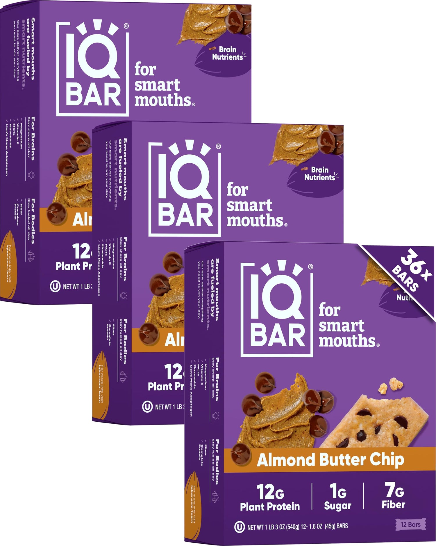 IQBAR Almond Butter Chip bar close-up shows rich texture and clean-label ingredients.