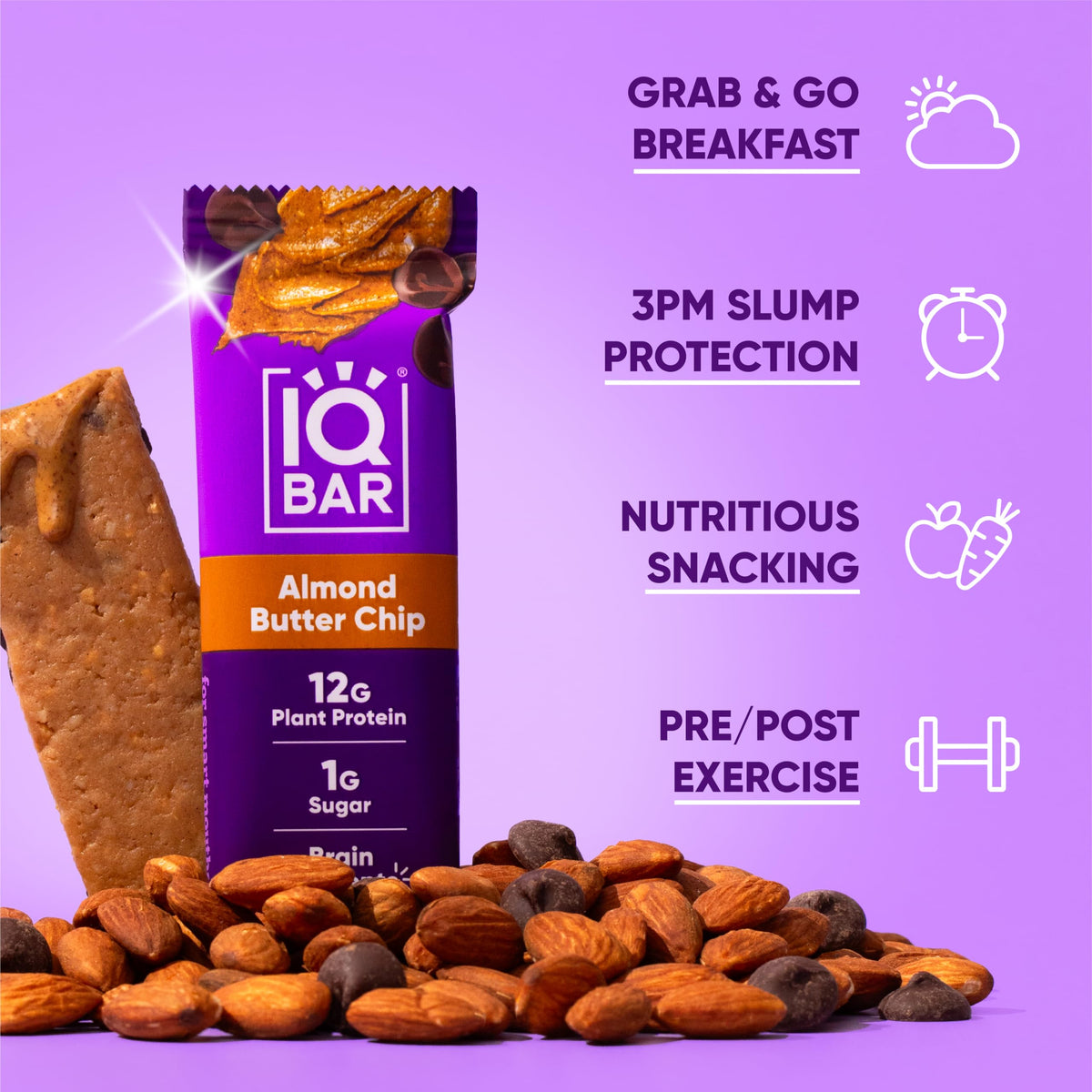 IQBAR Almond Butter Chip bar ingredient list features Lion’s Mane and MCTs.