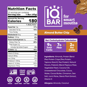 IQBAR almond butter chip bar on desk ready-to-go snack for travel.