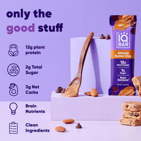 IQBAR Almond Butter Chip bar packaging highlights keto-friendly, gluten-free, dairy-free profile.