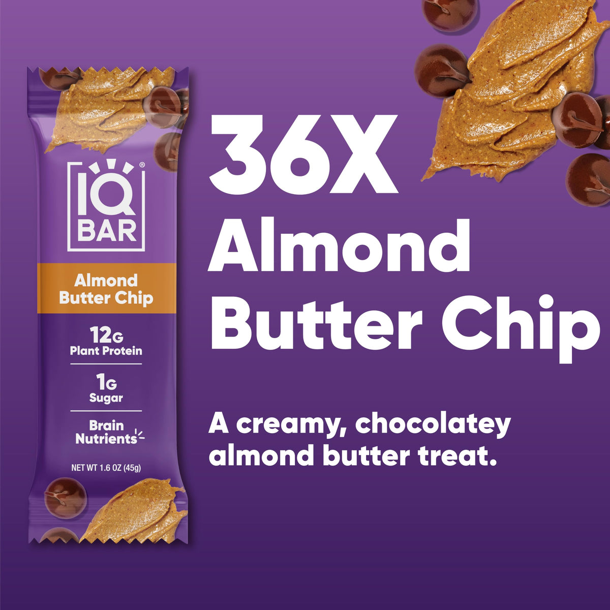 IQBAR Almond Butter Chip texture close-up reveals chewy bite with fiber.