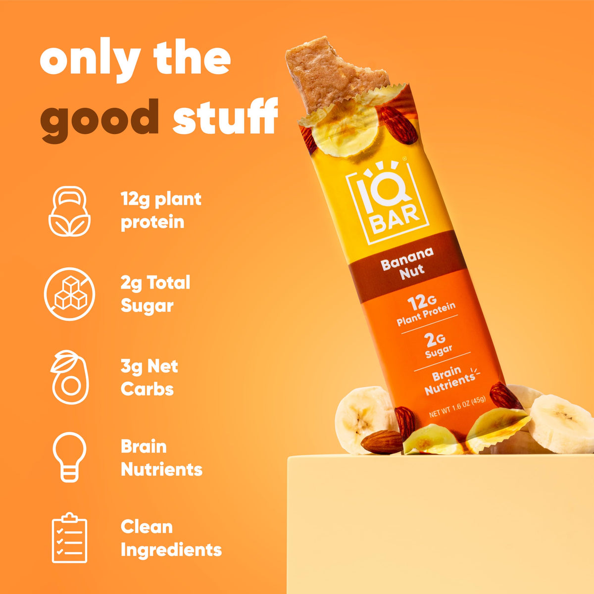 Closeup of IQBAR Banana Nut bar reveals texture and natural ingredients for a high-protein bite.