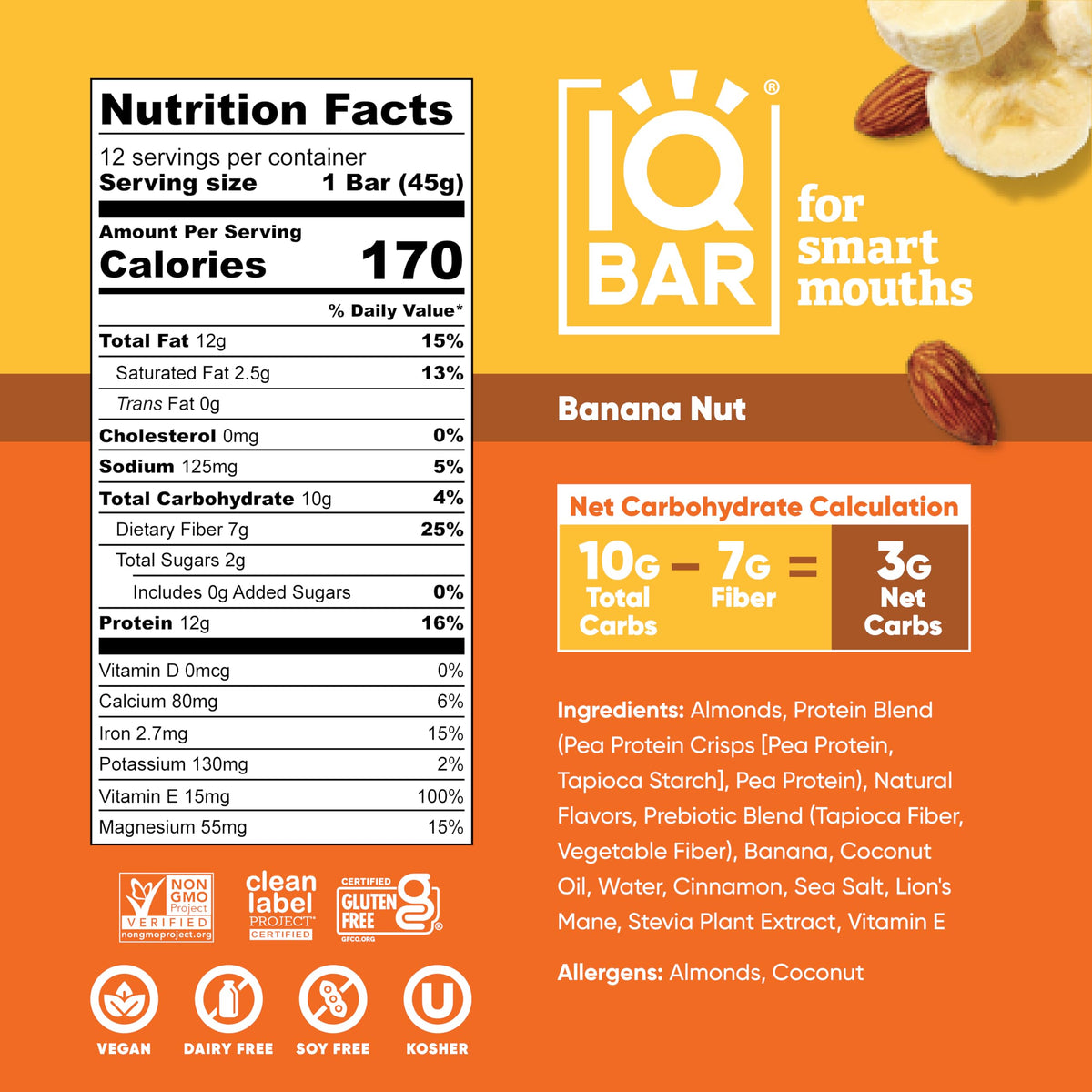 IQBAR banana-nut-bar nutrient panel emphasizes low sugar and net carbs.