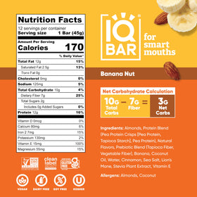 IQBAR banana-nut-bar nutrient panel emphasizes low sugar and net carbs.