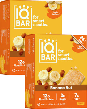 IQBAR banana-nut-bar packshot shows clean-label nutrition for keto-friendly snacking.