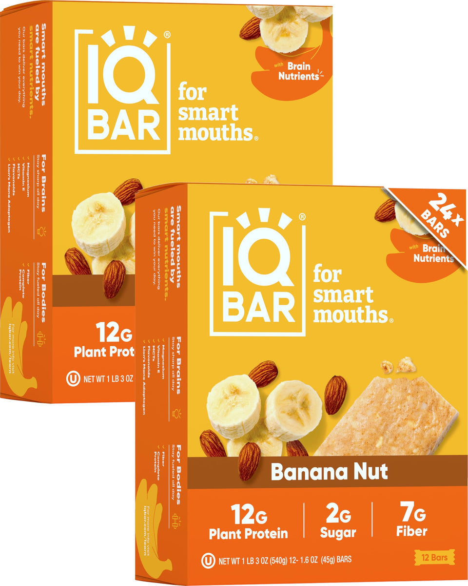 IQBAR banana-nut-bar packshot shows clean-label nutrition for keto-friendly snacking.
