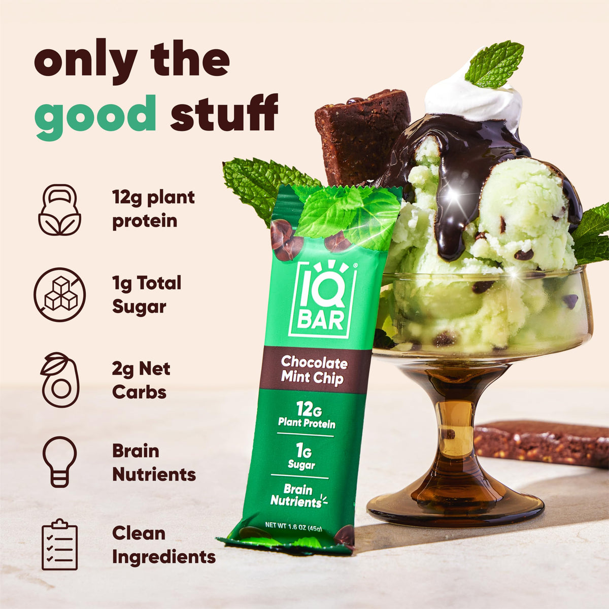 IQBAR bar close-up Chocolate Mint Chip shows texture and mint-chocolate flavor appeal