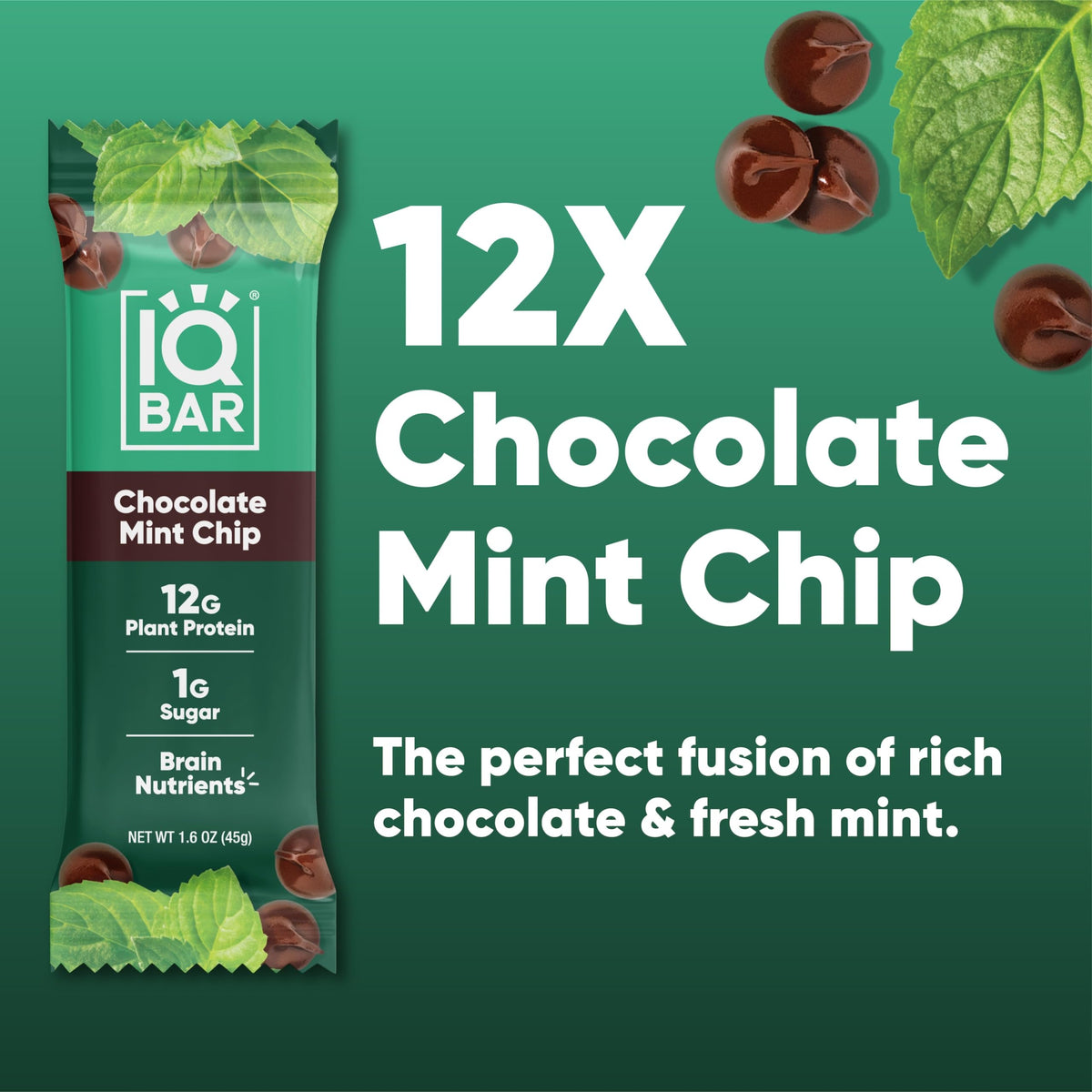 IQBAR Chocolate Mint Chip bar closeup, rich texture with low sugar.