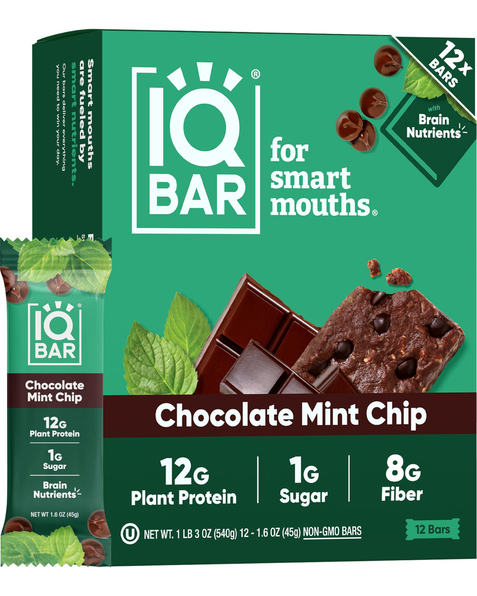IQBAR Chocolate Mint Chip box front, keto-friendly energy for focus.