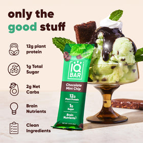 IQBAR Chocolate Mint Chip bar close-up highlights chocolate mint flavor and plant protein for sustained energy.