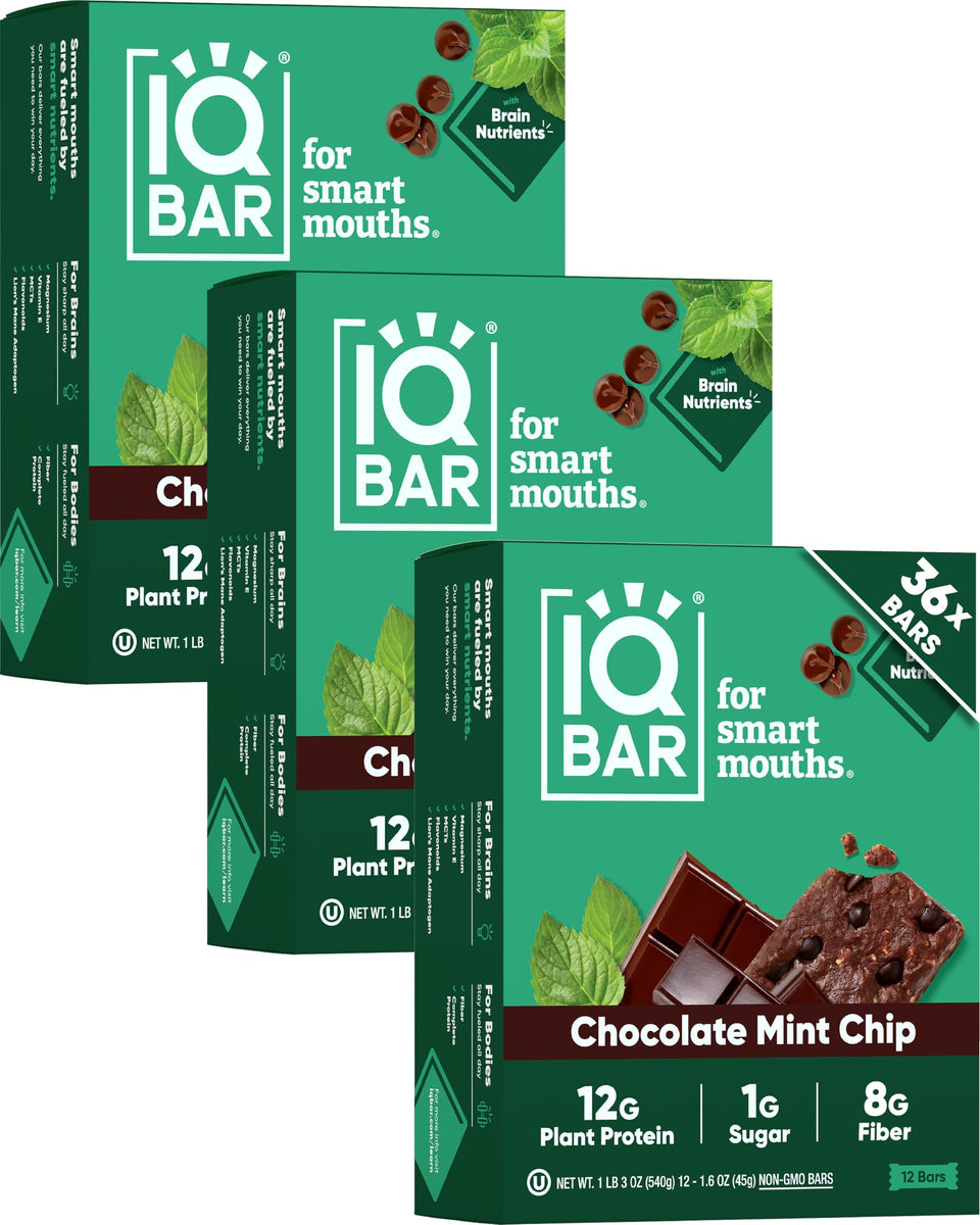 IQBAR Chocolate Mint Chip packaging showcases a clean, protein-packed snack option for busy days.