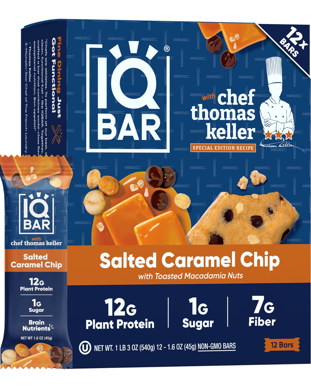 IQBAR Clean Plant Protein Bar Salted Caramel Chip packaging highlights a clean-label design for on-the-go snacking.