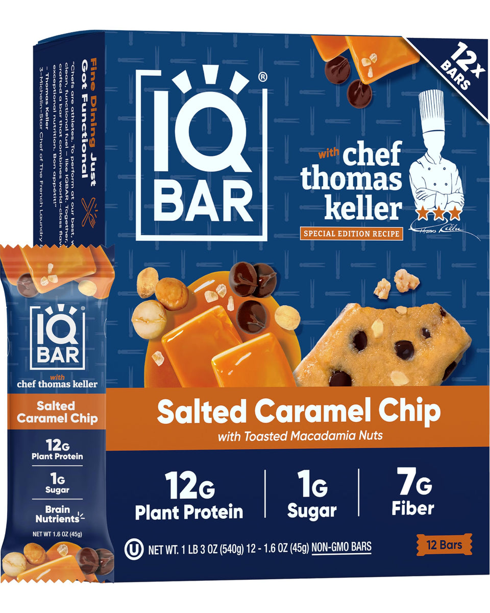 IQBAR Clean Plant Protein Bar Salted Caramel Chip packaging highlights a clean-label design for on-the-go snacking.