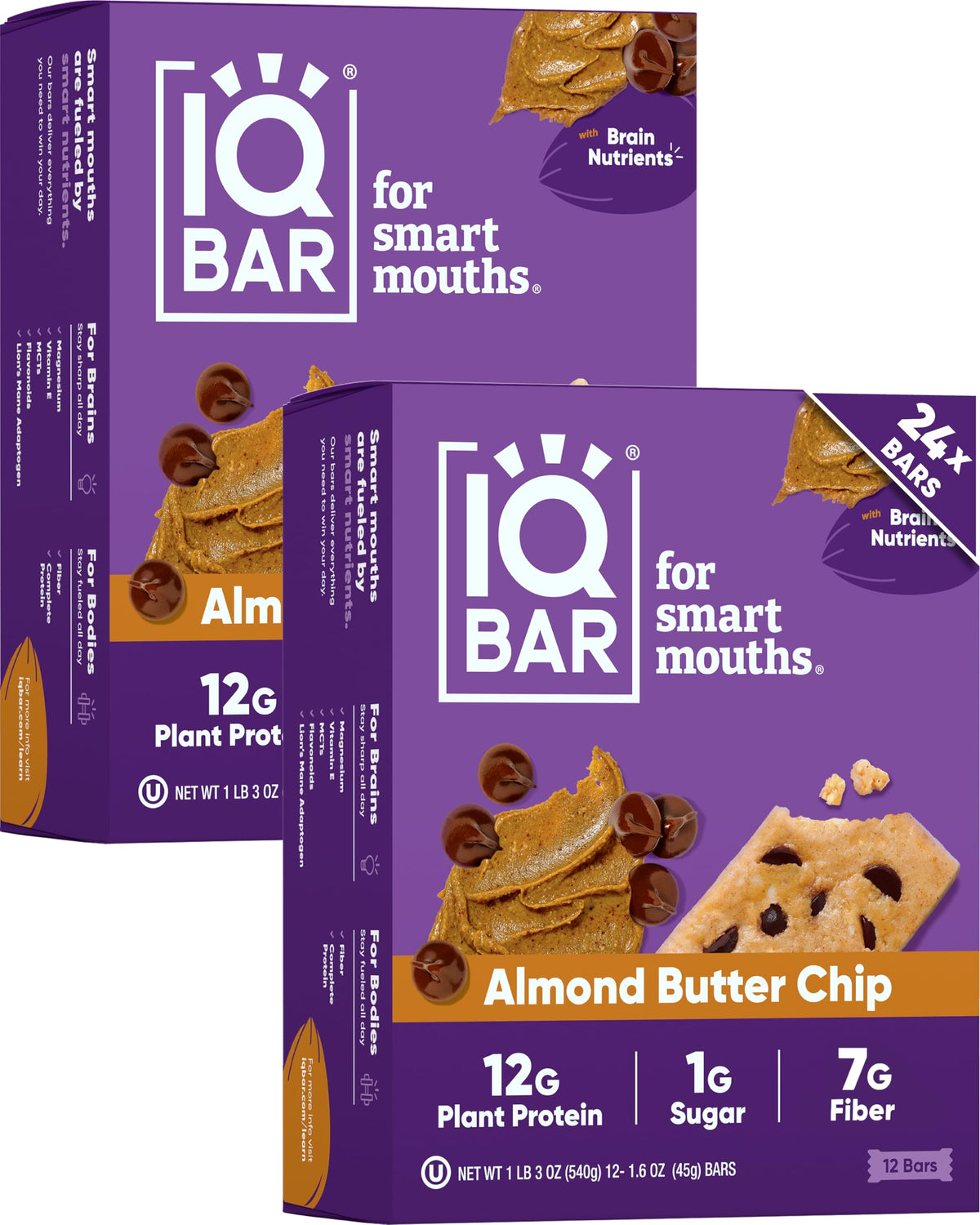 IQBAR Almond Butter Chip front view showcases a protein-packed snack for focused energy.