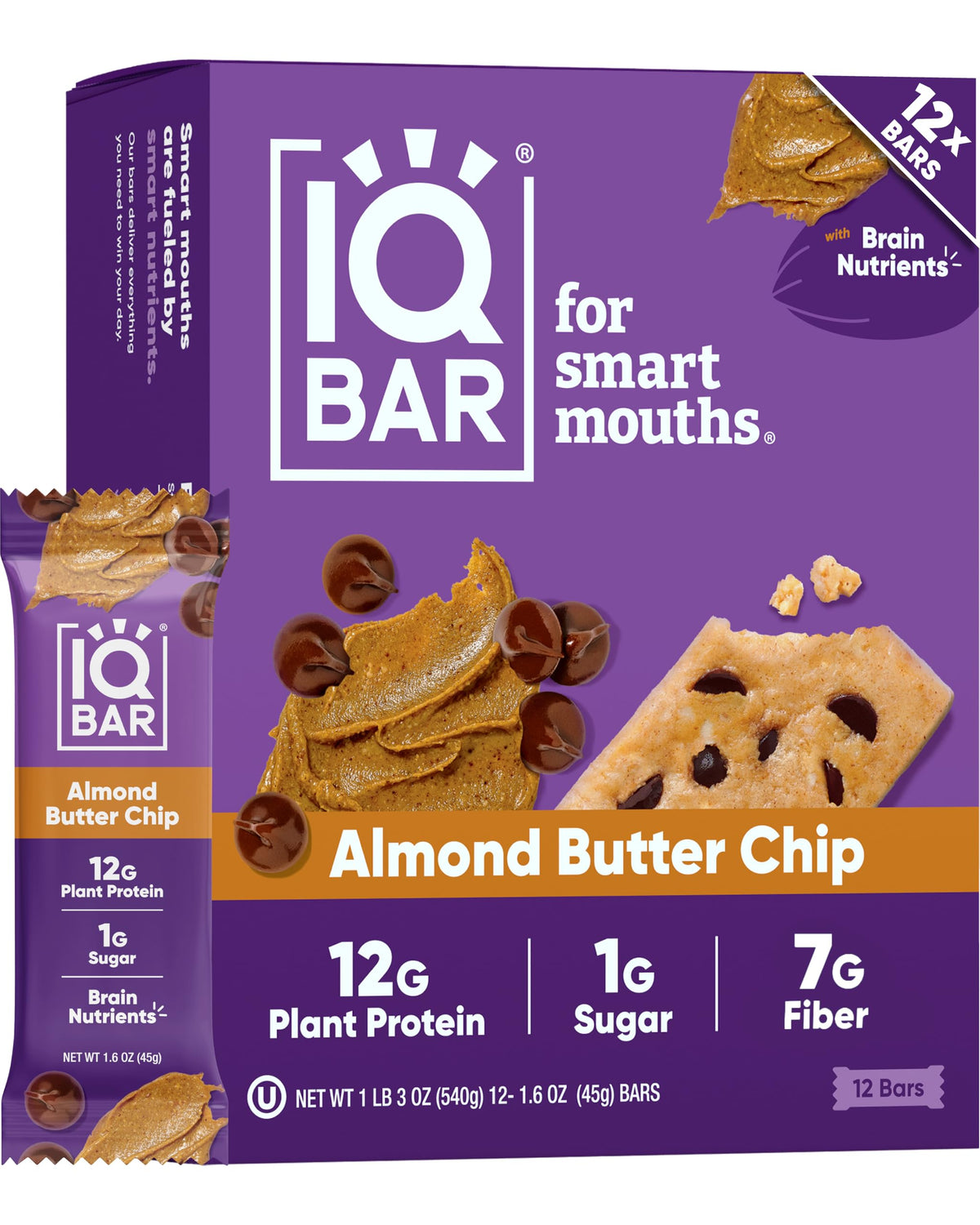 IQBAR almond butter chip bar pack shows clean protein for keto-friendly energy.