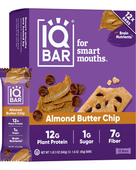 IQBAR almond butter chip bar pack shows clean protein for keto-friendly energy.