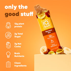 IQBAR Banana Nut bar close-up of ingredients, highlighting plant protein and fiber