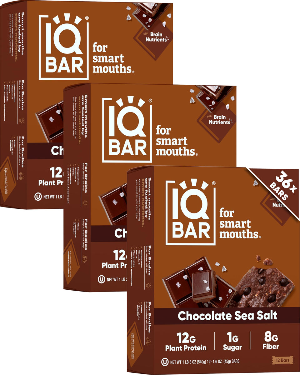IQBAR Clean Plant Protein Bar Chocolate Sea Salt front view for focus and steady energy.