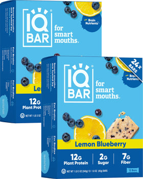 IQBAR Lemon Blueberry pack shot highlighting high protein and low sugar for on-the-go energy.