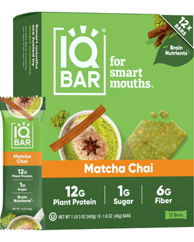 IQBAR Clean Plant Protein Bar Matcha Chai pack shot, keto-friendly and low sugar.