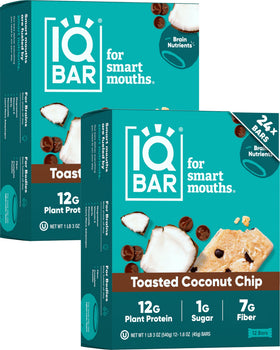 IQBAR clean plant protein bar packaging featuring Toasted Coconut Chip and keto-friendly nutrition