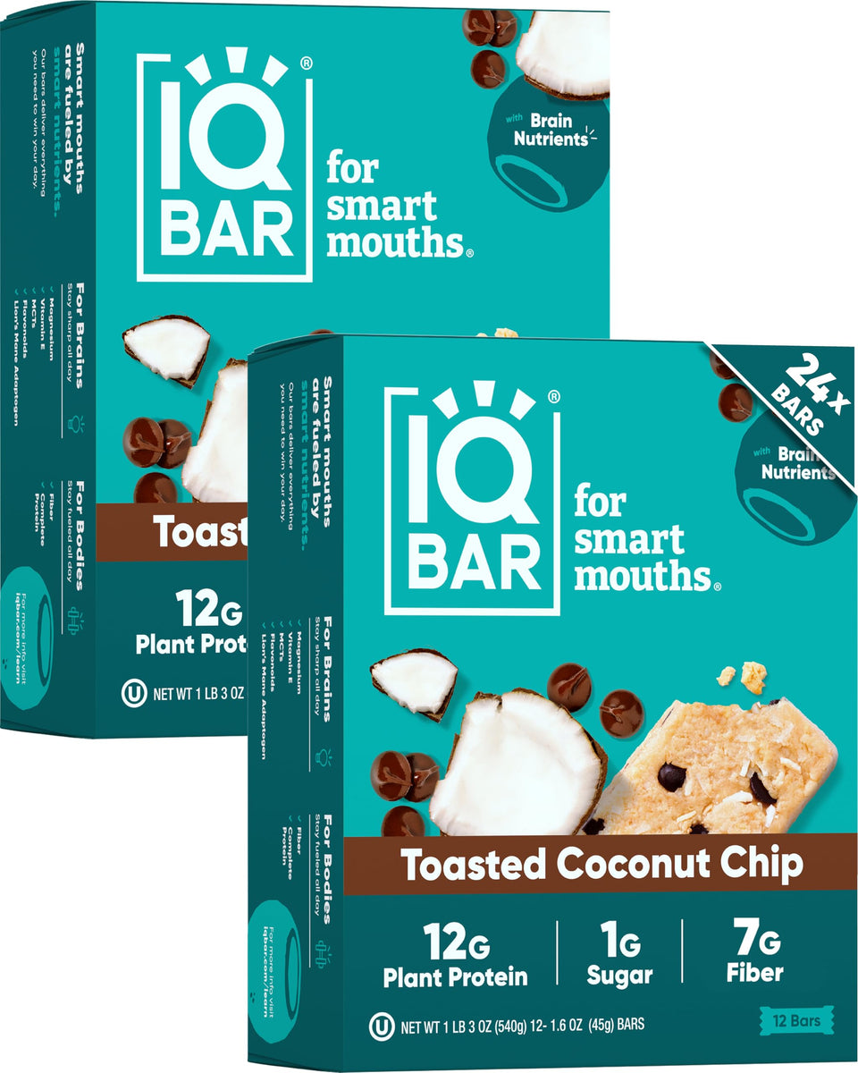 IQBAR clean plant protein bar packaging featuring Toasted Coconut Chip and keto-friendly nutrition