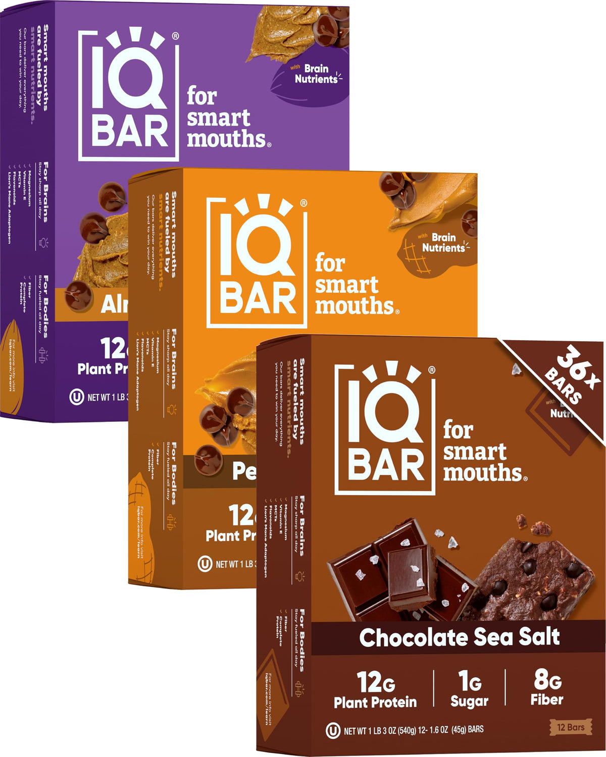 IQBAR Chocolate Lovers Variety box front view shows gluten-free, dairy-free snack.