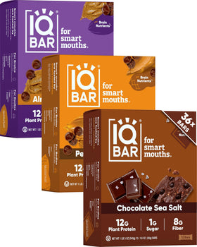 IQBAR Chocolate Lovers Variety box front view shows gluten-free, dairy-free snack.