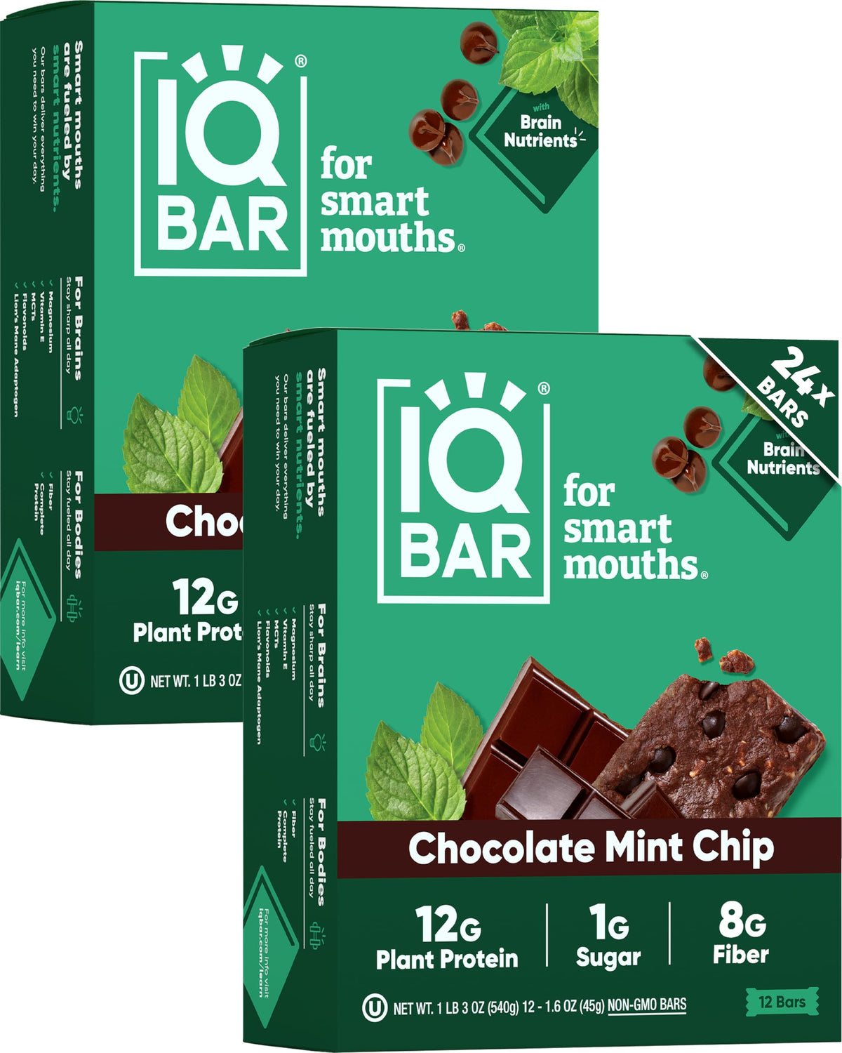 IQBAR Clean Plant Protein Bars Chocolate Mint Chip packaging highlights a keto-friendly snack option