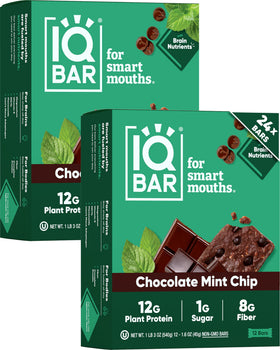 IQBAR Clean Plant Protein Bars Chocolate Mint Chip packaging highlights a keto-friendly snack option