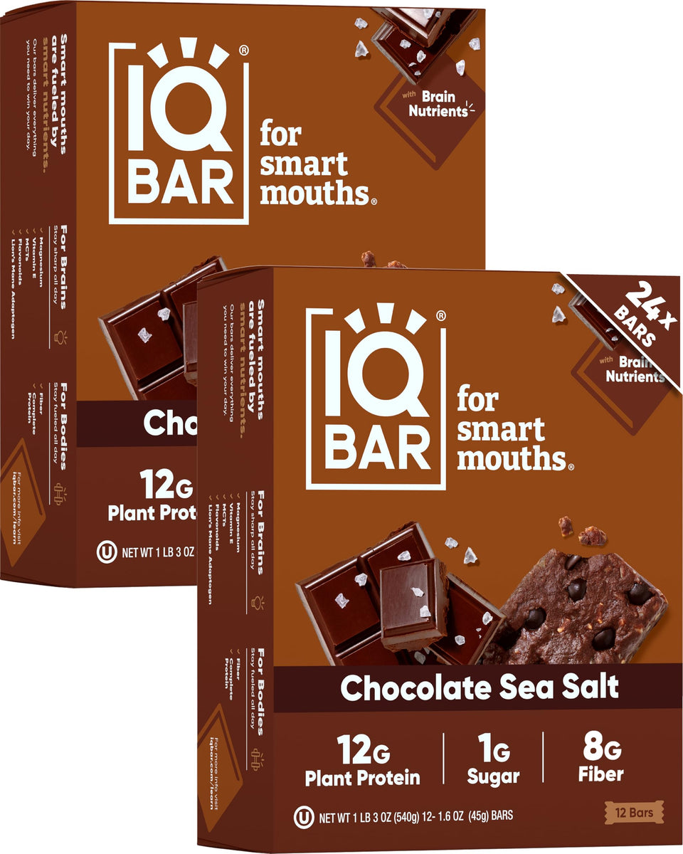 IQBAR Clean Plant Protein Bars Chocolate Sea Salt 24-count box for keto and vegan snacking