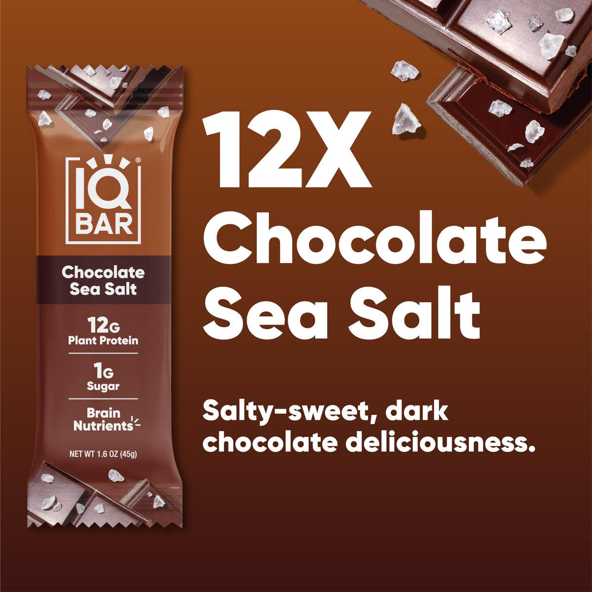 IQBAR Chocolate Sea Salt nutrition facts panel highlights low sugar and high fiber.
