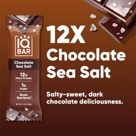 IQBAR Chocolate Sea Salt nutrition facts panel highlights low sugar and high fiber.