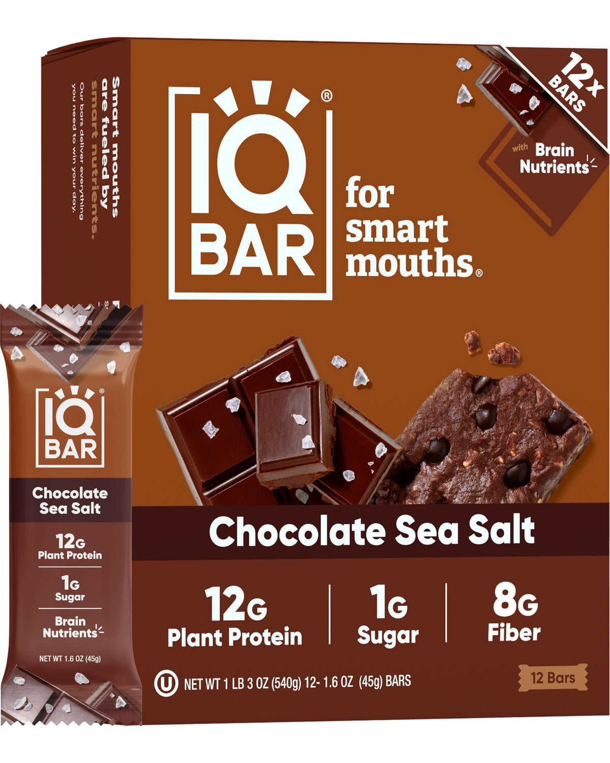 IQBAR Chocolate Sea Salt packaging highlights clean ingredients and keto-friendly macros for on-the-go snacking.