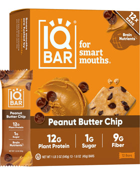 IQBAR clean plant protein bar with peanut butter chip; keto-friendly, vegan snack for busy days.