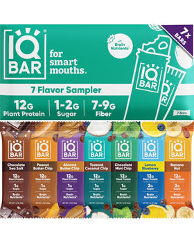 IQBAR Clean Plant Protein Bars sampler front-pack for keto-friendly, steady energy on the go
