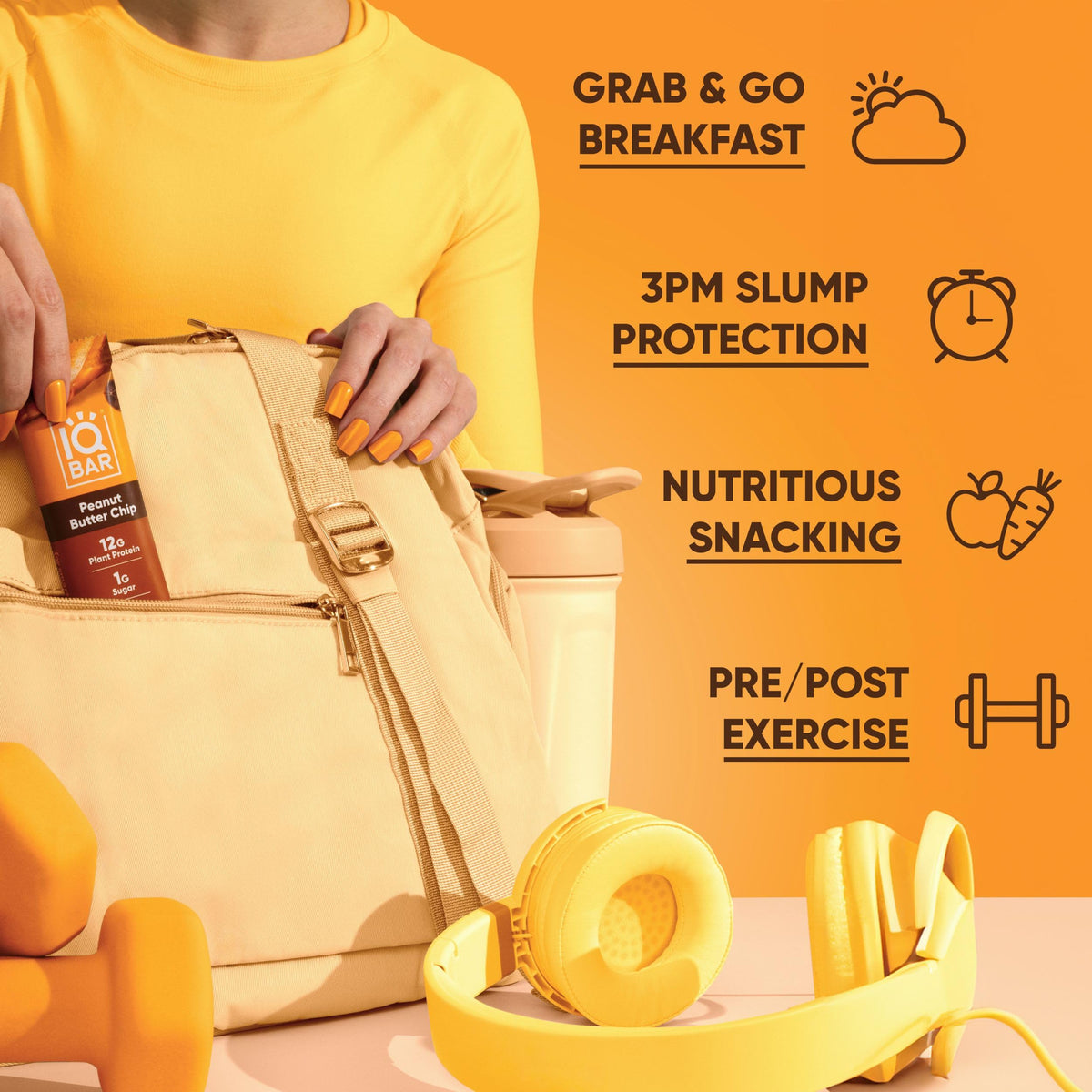IQBAR nutrition panel image shows high fiber and low sugar content for mindful snacking