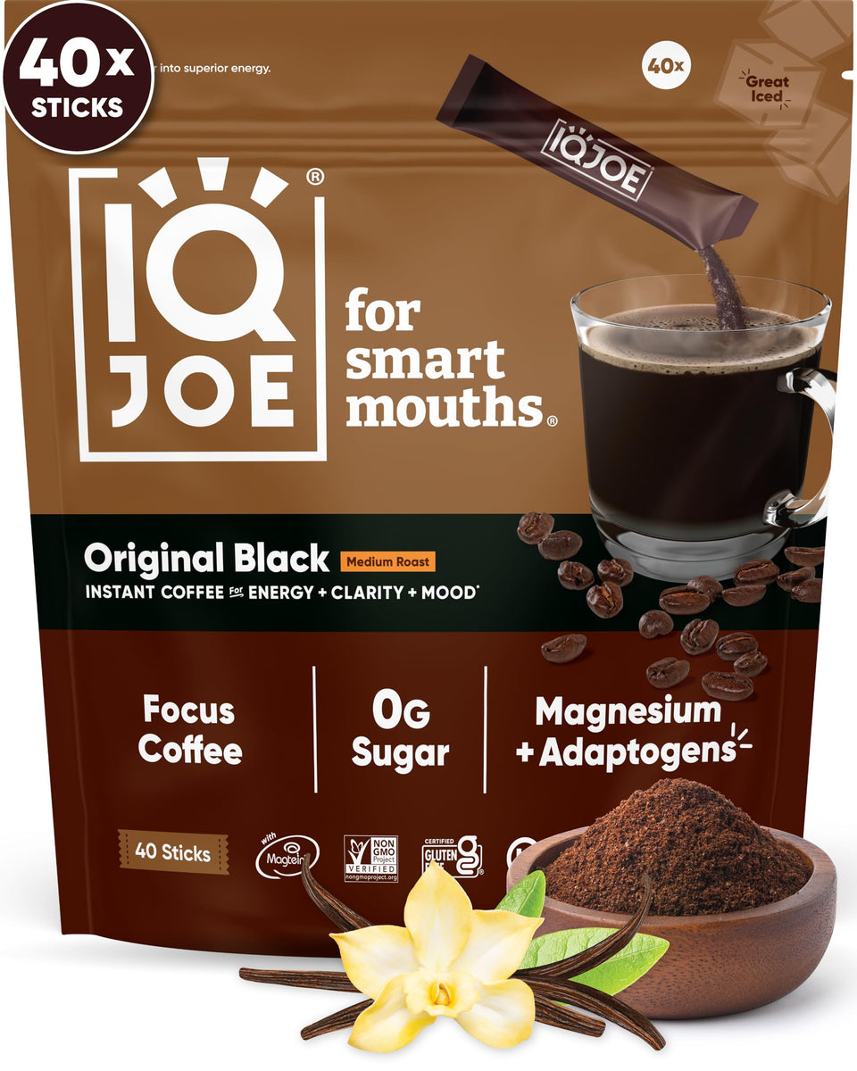 IQBAR IQJOE Original Black mushroom coffee stick packs ready for on-the-go focus