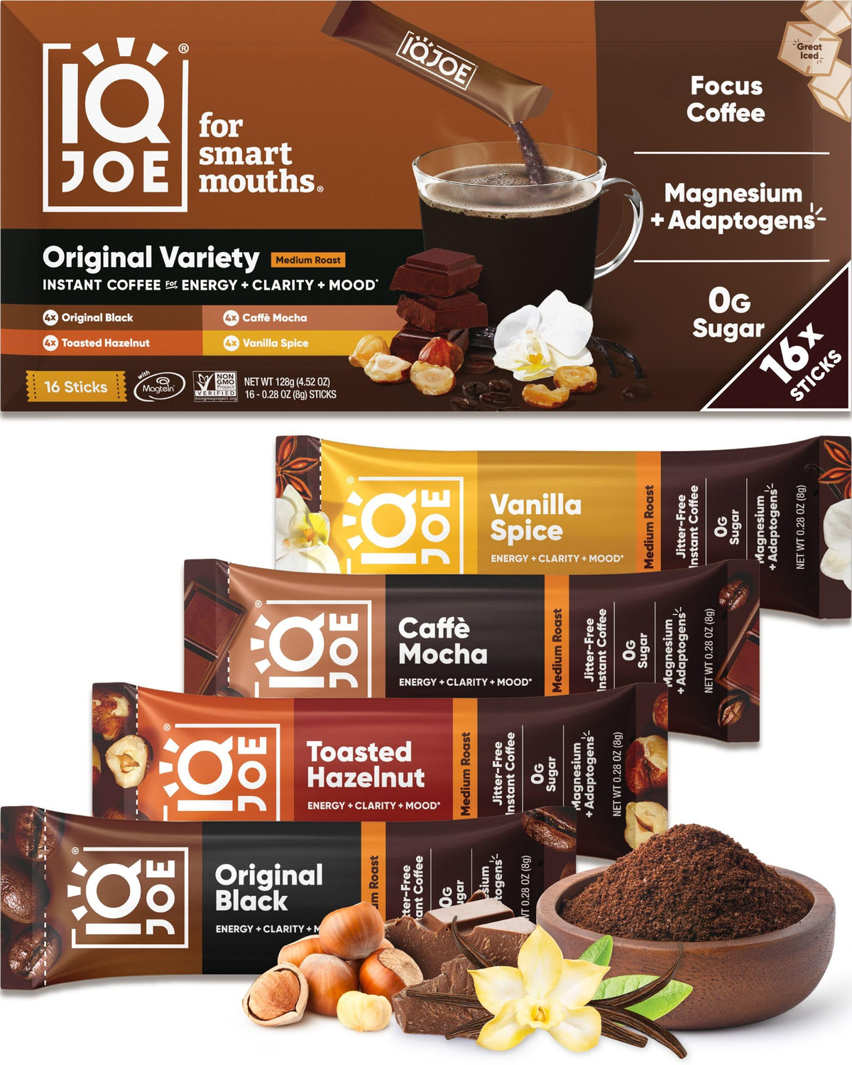 IQBAR IQJOE mushroom coffee variety pack front view for focused mornings.